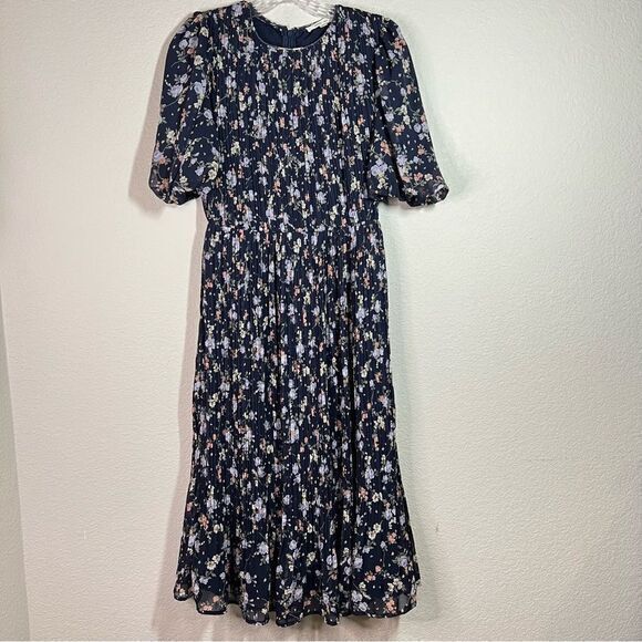 Just Me Navy Floral Quarter Sleeves Shirred Midi Dress Womens Size Small‎ - Picture 1 of 9